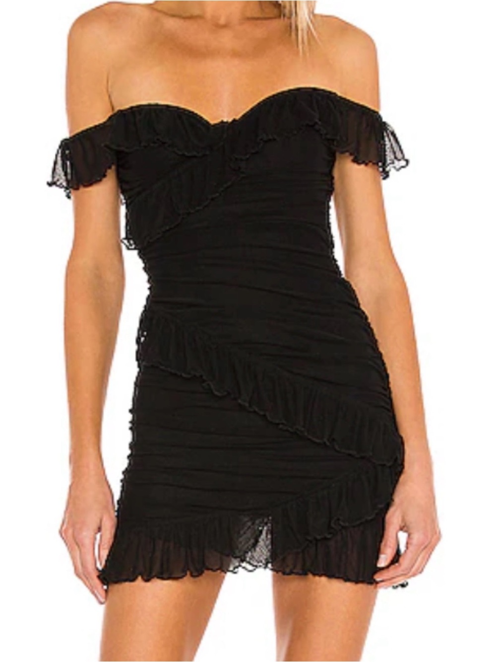 Off-Shoulder Ruffled Mini Dress - Black